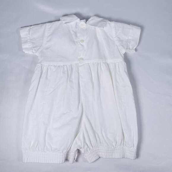 Vintage Baby Boy White Train Embroidered Bubble Shortalls Romper Outfit NB / 3m - Picture 7 of 11